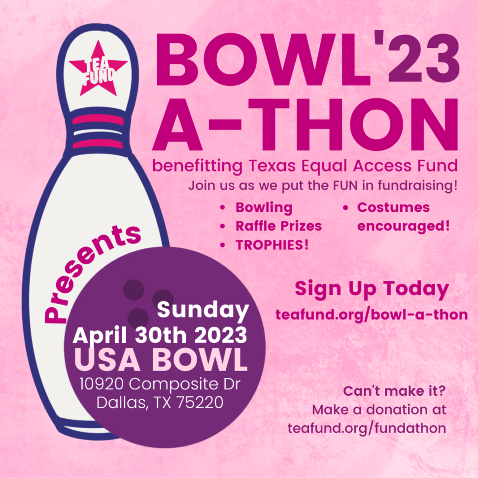 Bowl A Thon '23 - a pink and white background, with a puprle bowling ball and white bowling pin frame informative text about Bowl A Thon.