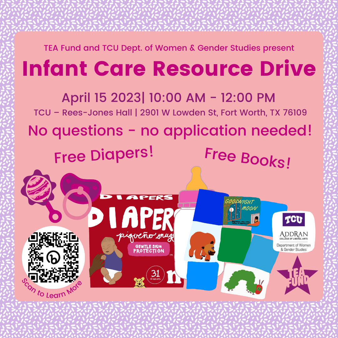 A lavender and white background with a pink square features purple and magenta text sharing more information about the infant care resource drive. There is a QR code, a logo and images of a bag of diapers as well as a stack of books.