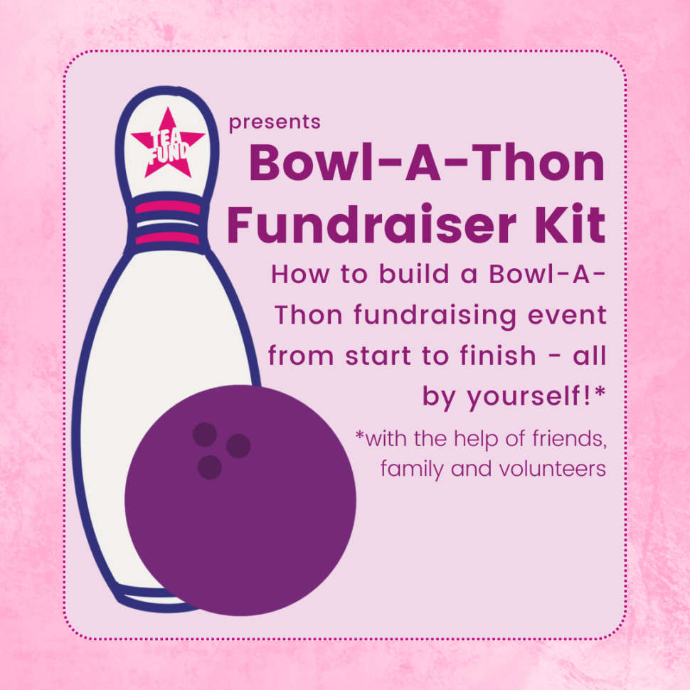 Bowl A Thon Fundraiser Kit. A pink background with a bowling pin and bowling ball.