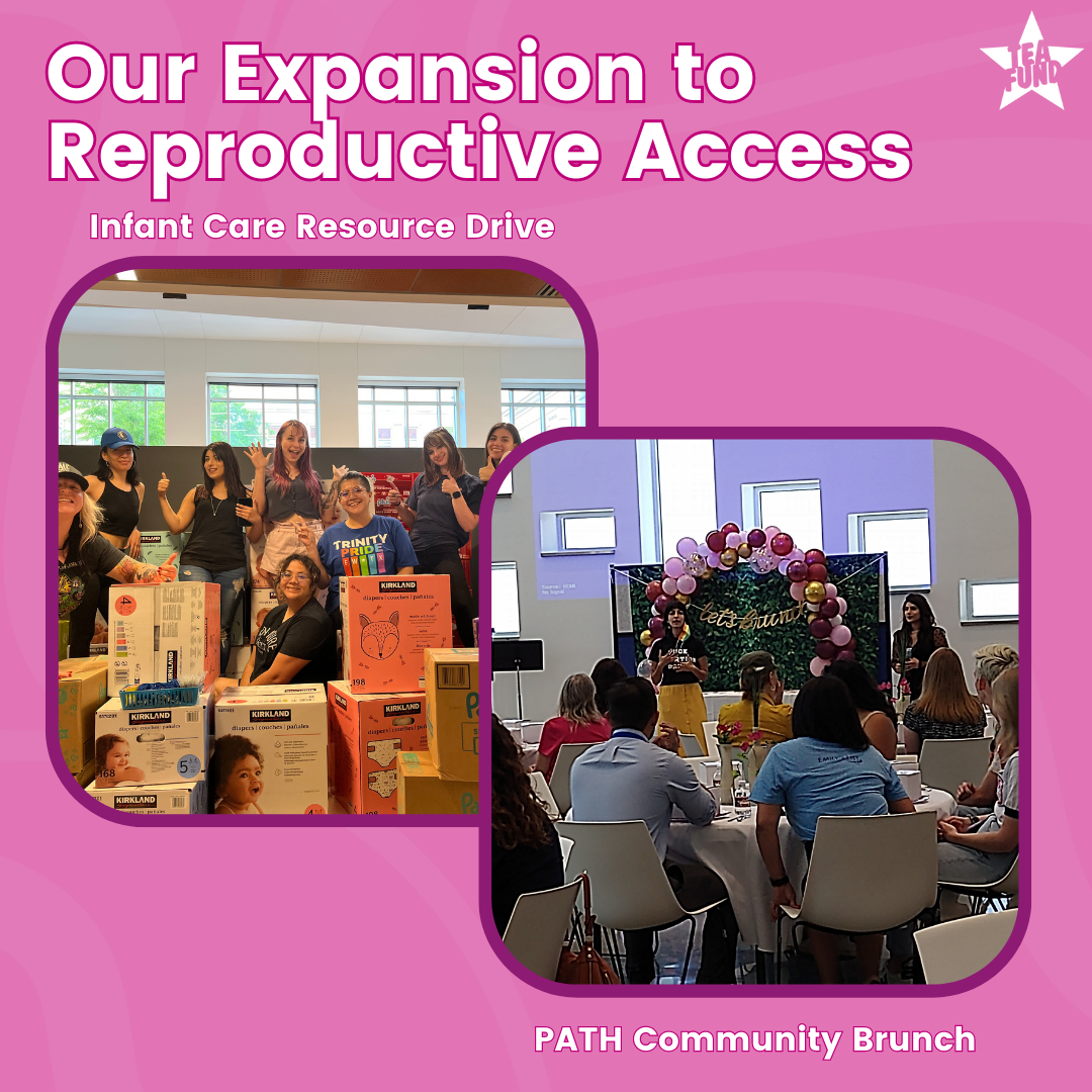 A pink square that says "Our Expansion to Reproductive Access" with images of groups of people at our Infant Care Resource Drive and PATH Community Brunch.