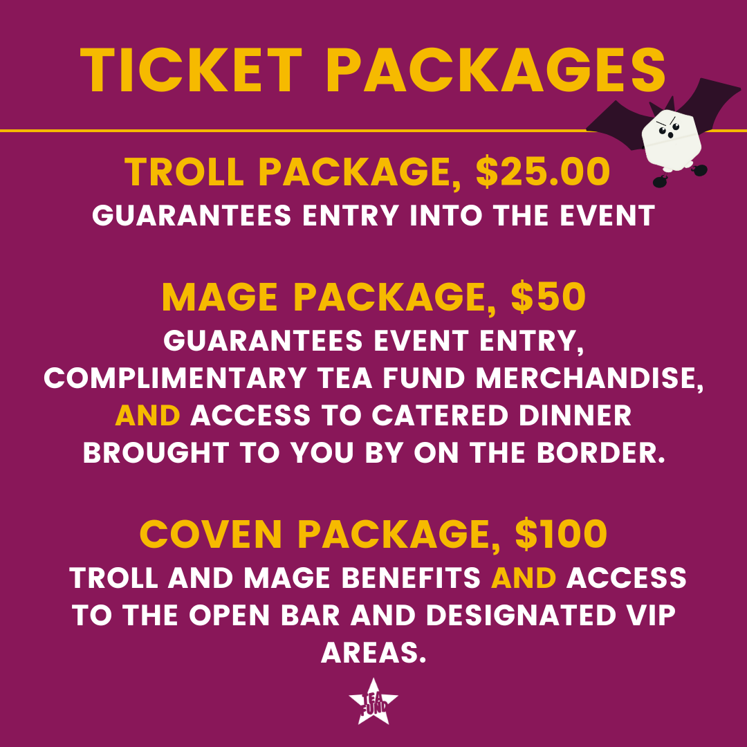 a purple square with yellow text that describes the party ticket packages.