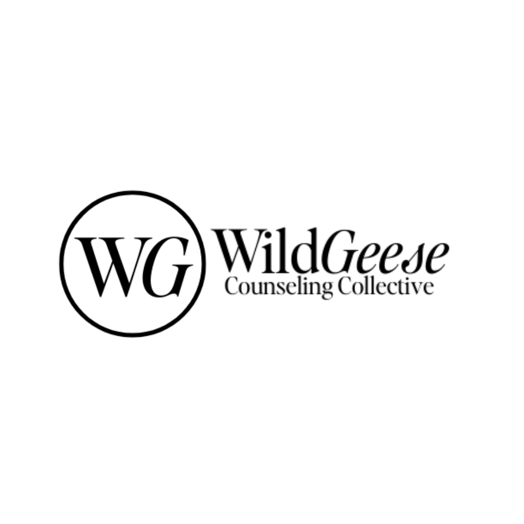 a white square with a black logo that reads WildGeese Counseling Collective and a WG circle brand next to it. 