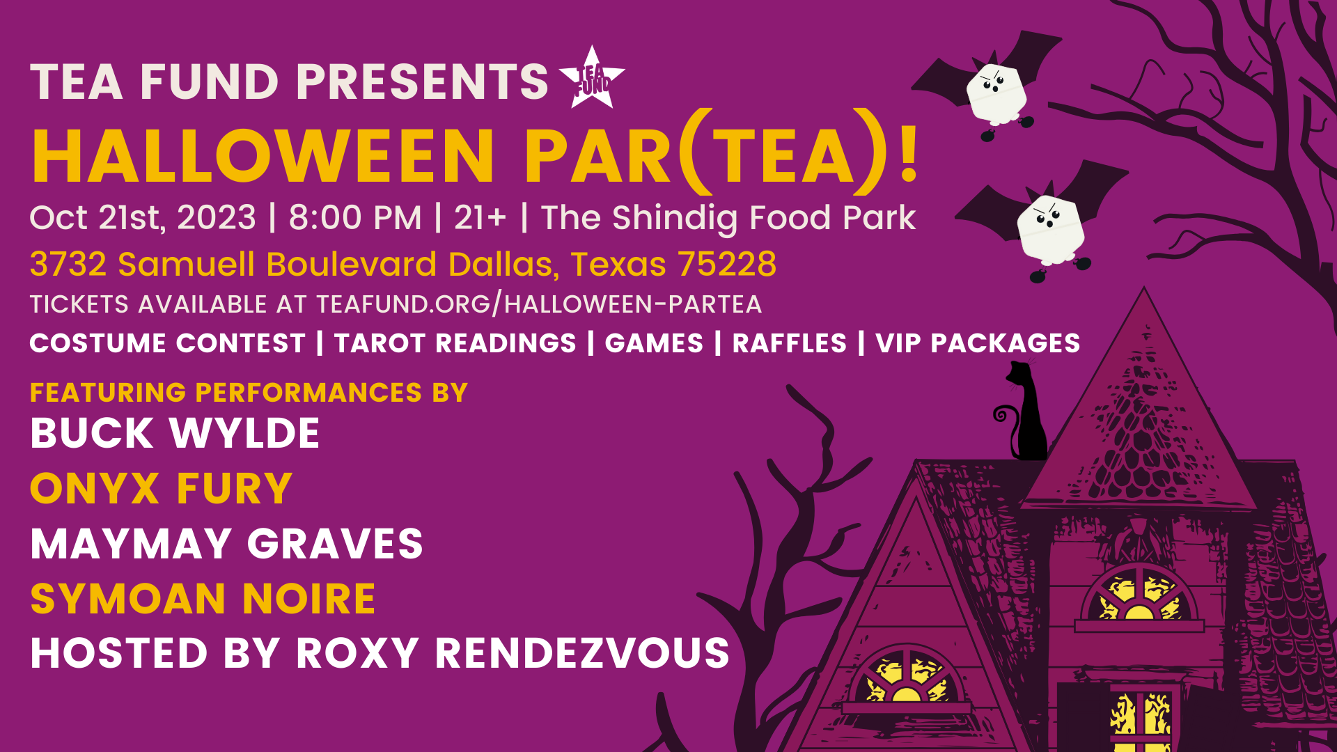 a pink square with yellow and white text that details the Halloween ParTEA happening at The Shindig Food Park at 3732 Samuell Blvd Dallas TX 75228. 